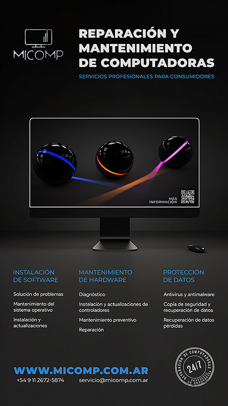 Branding design for MiComp, featuring a distinctive logo, sleek business card, and engaging flyers for computer repair and maintenance services.