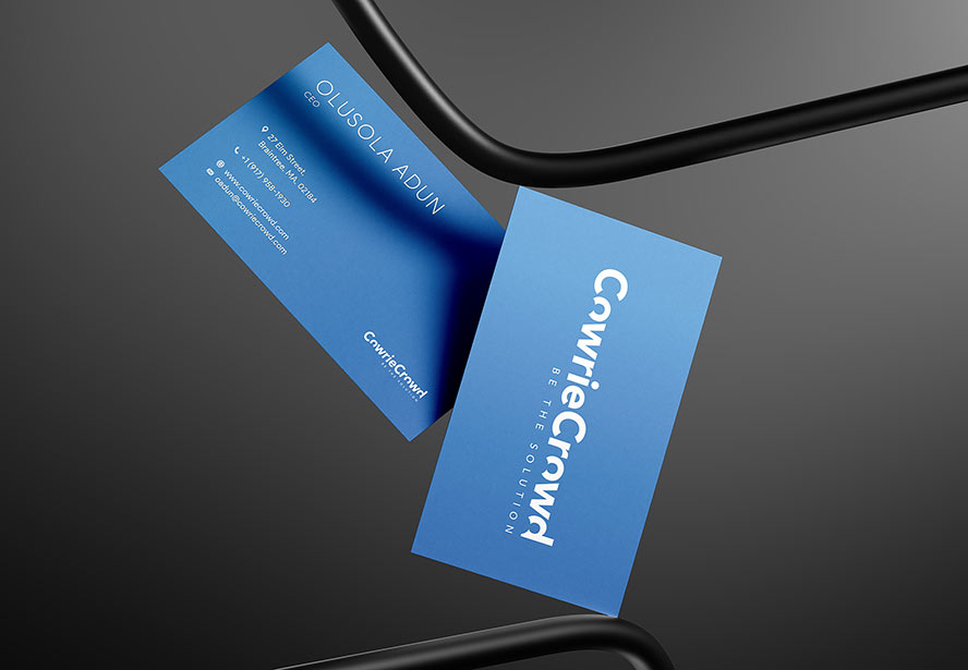 CowrieCrowd – Business card design featuring a bold, professional brand identity with clean typography and visually distinctive elements.