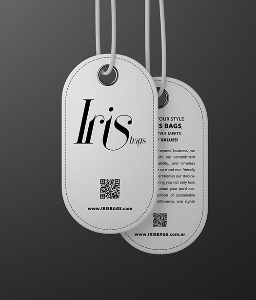 IRIS Bags White Labels – Stylish label design featuring a two-sided layout, displayed against a dark background for contrast.