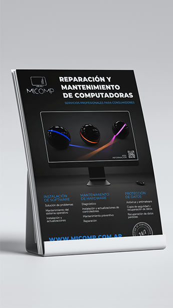 MiComp – Professionally designed flyer highlighting computer repair services, expert technical support, and user-friendly solutions.