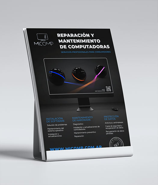 MiComp Flyer – Professionally presented flyer displayed on a stand, enhancing visibility for IT services branding.