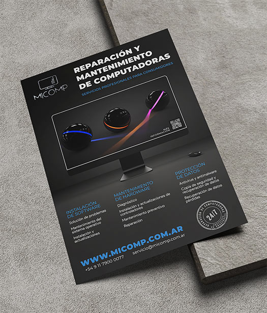 MiComp Flyer – Professionally designed promotional material displayed over a concrete background for contrast.