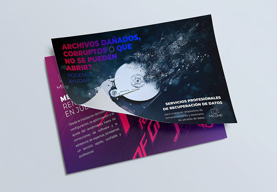 MiComp Data Protection Flyer – Informative design highlighting cybersecurity solutions and data recovery expertise.