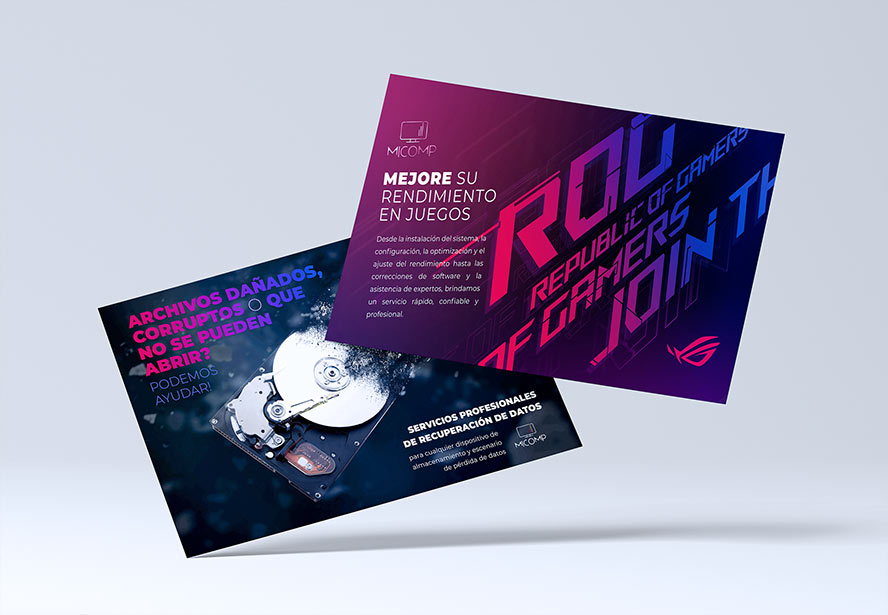 MiComp Gaming Hardware Flyer – Promotional material showcasing advanced gaming hardware setup and optimization services.