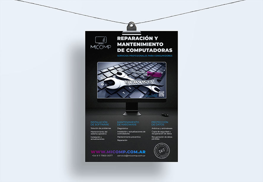 MiComp Service Offerings Flyer – Comprehensive breakdown of IT services, visually presented while hanging from a cord.