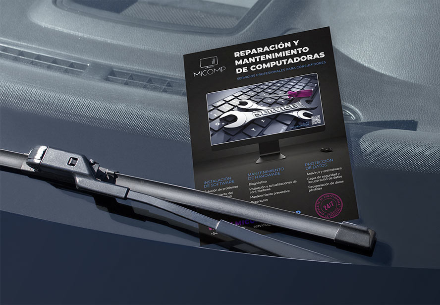 MiComp Flyer – Strategic service advertisement showcased over a car’s front glass window, maximizing visibility.
