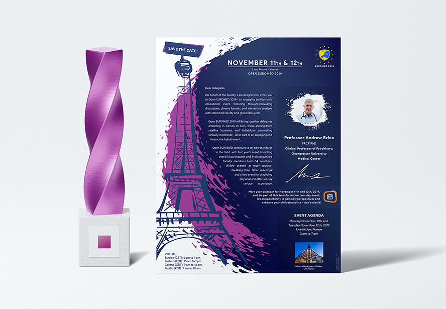 Open EuroMed 2019 Flyer – Elegant promotional design showcased in a light scene with an unlit purple candle, enhancing aesthetic appeal.