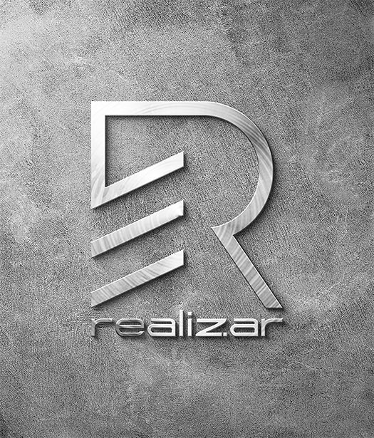 Realizar Logo – Elegant metallic branding displayed on a light concrete background, emphasizing precision and craftsmanship.