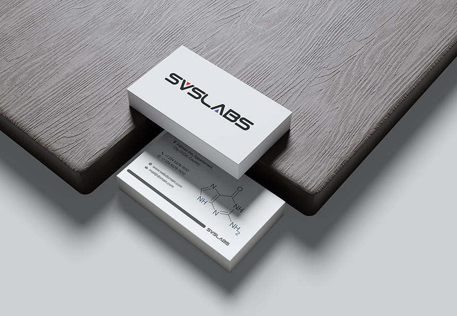 SVSLABS Business Card – Dual-sided professional design displayed on a gray wooden list background, reinforcing modern branding.