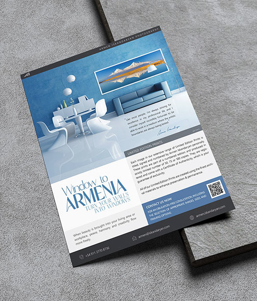 Window to Armenia – Flyer design showcasing breathtaking panoramic photography of Armenian landscapes, cultural landmarks, and historical sights.