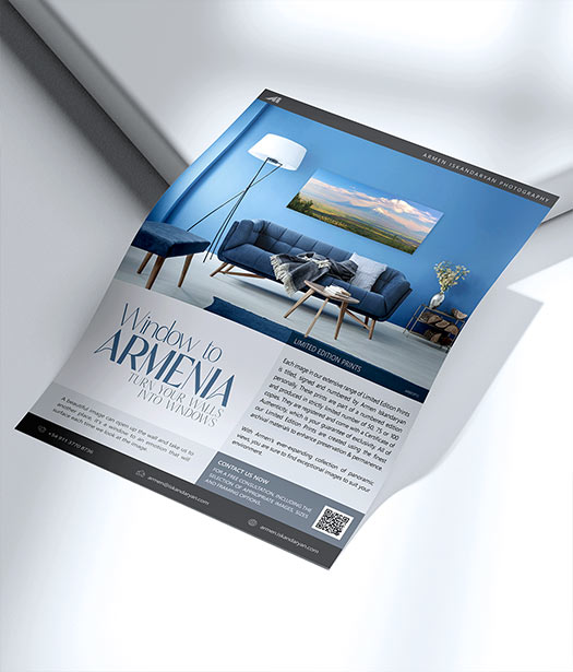 Window to Armenia – A serene flyer showcasing Mountain Ararat as viewed from Dgher, enhancing an elegant room interior.