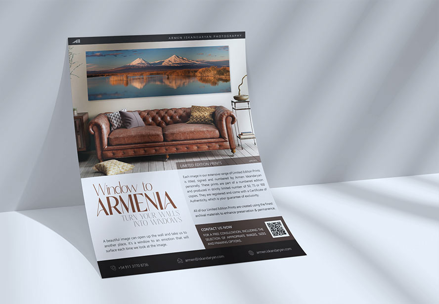 Window to Armenia – Limited Edition print of Mountain Ararat at sunrise, elegantly presented in an interior with soft shadowed lighting.