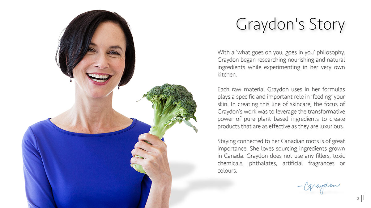 Graydon Skincare Sales Presentation – Slide featuring the brand’s journey, philosophy, and dedication to holistic skincare.