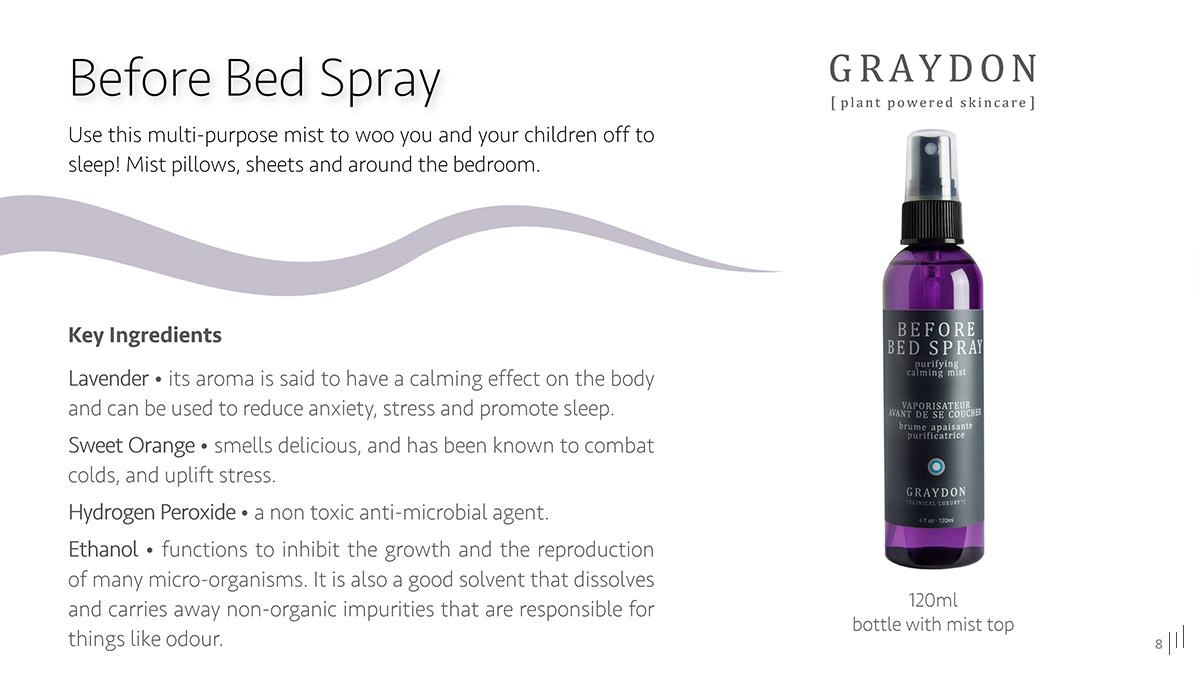 Graydon Skincare Sales Presentation – Slide showcasing the Before Bed Spray, designed for nighttime skincare rituals.