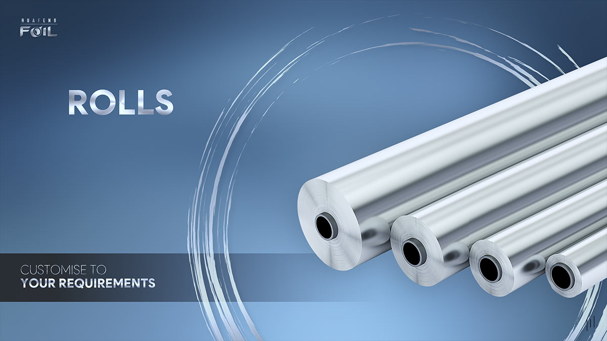 Huafeng Foil Food Range – Slide presenting aluminum foil rolls for commercial and household applications.