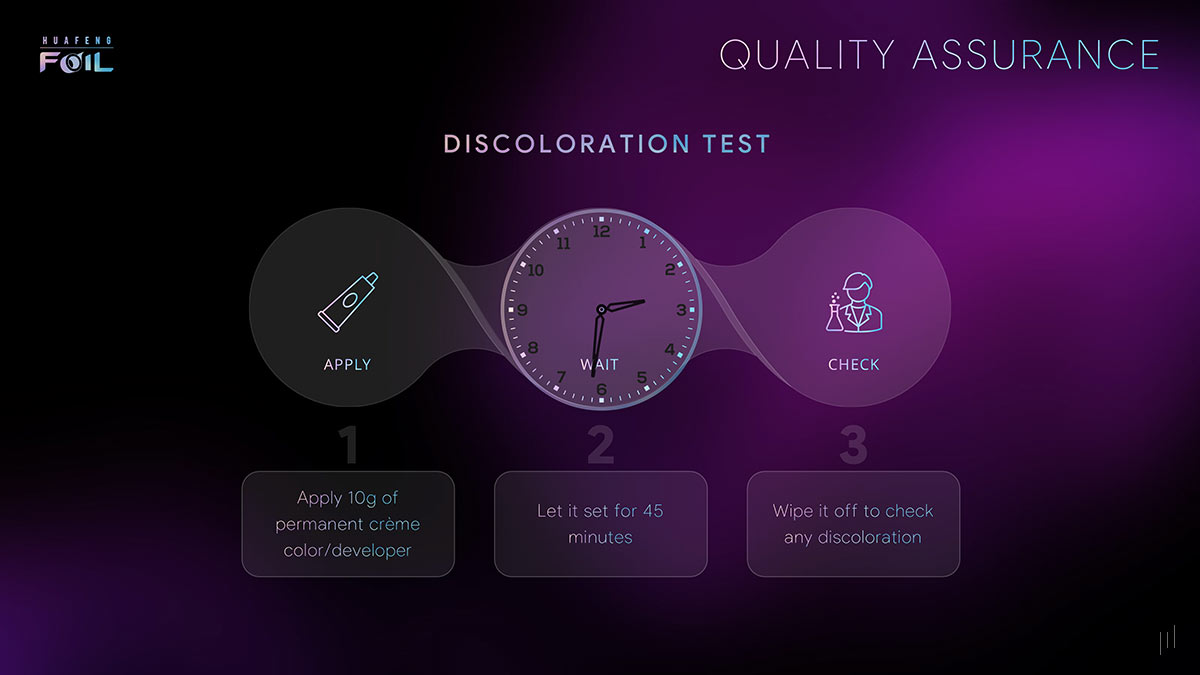 Huafeng Foil Hair & Beauty Range – Slide demonstrating rigorous testing to ensure foil durability and performance.