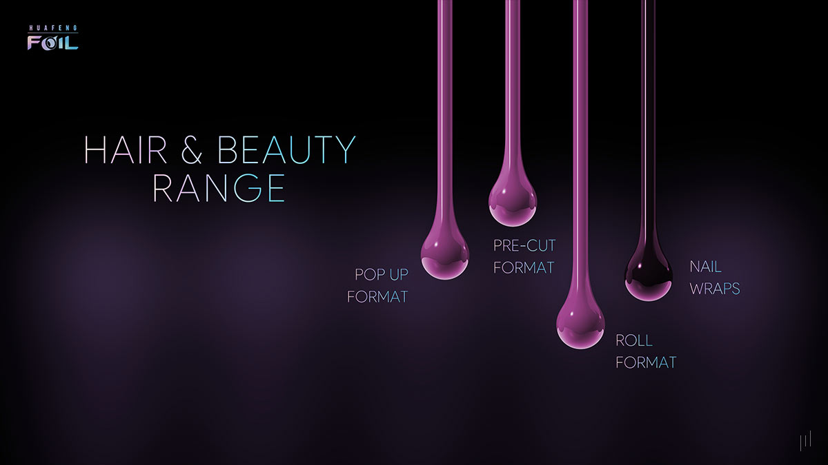 Huafeng Foil Hair & Beauty Range – Slide showcasing the diverse applications of aluminum foil in hair coloring and beauty treatments.