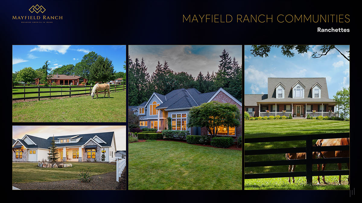 Mayfield Ranch Investor Pitch Deck – Slide presenting premium ranchette properties designed for luxury rural living.