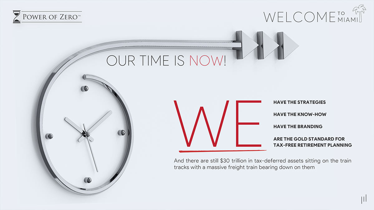 Advisor’s Summit Miami 2023 – Motivational slide emphasizing the urgency of financial strategy implementation.