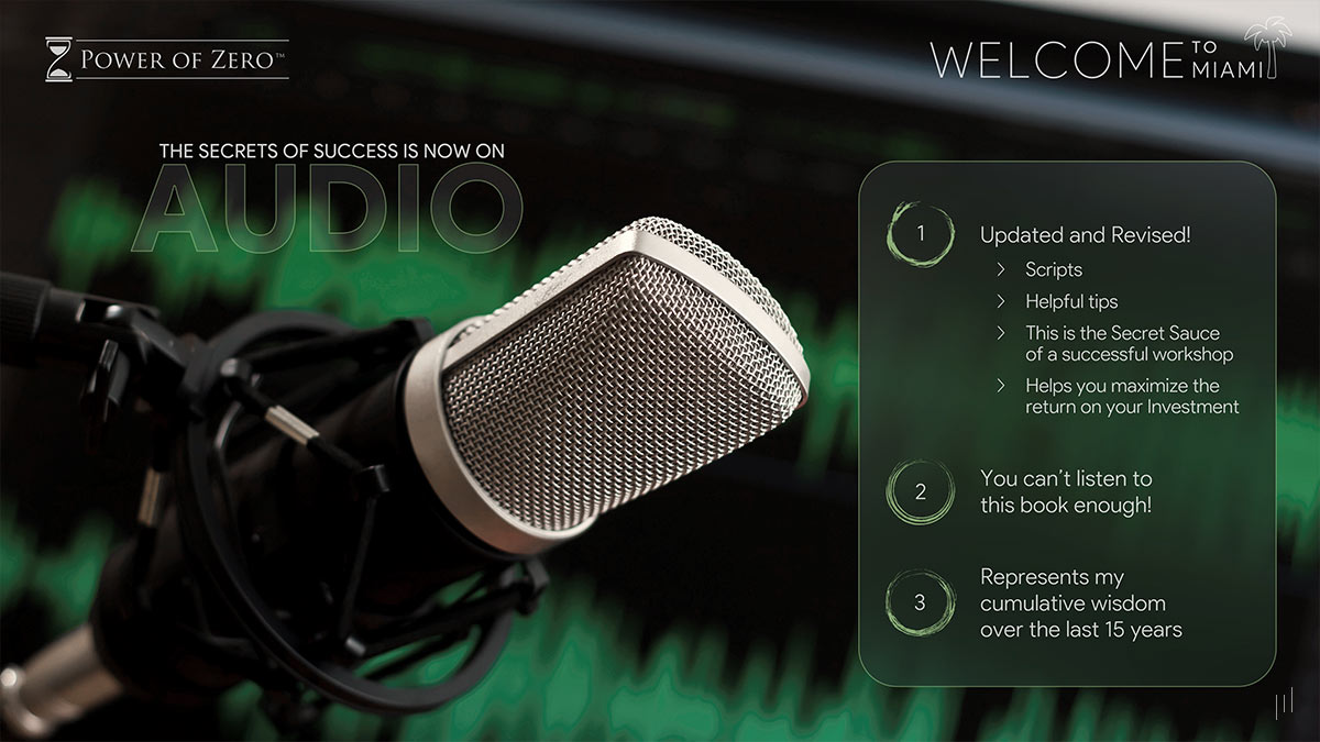 Advisor’s Summit Miami 2023 – Slide introducing the newly launched audio series on financial success strategies.