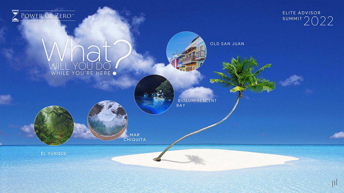 Elite Advisor Summit Puerto Rico 2022 – Slide outlining key activities and networking opportunities during the event.