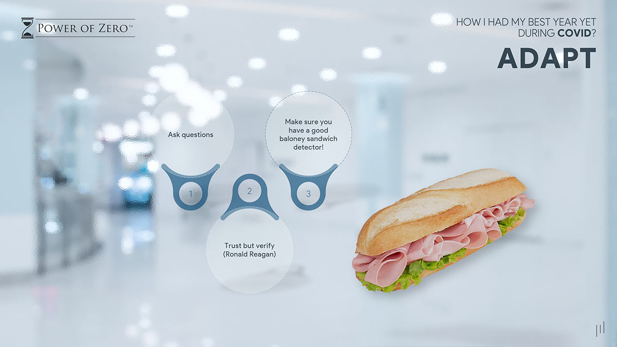 How I Had My Best Year Yet During COVID – Slide highlighting the importance of critical thinking and skepticism in business.