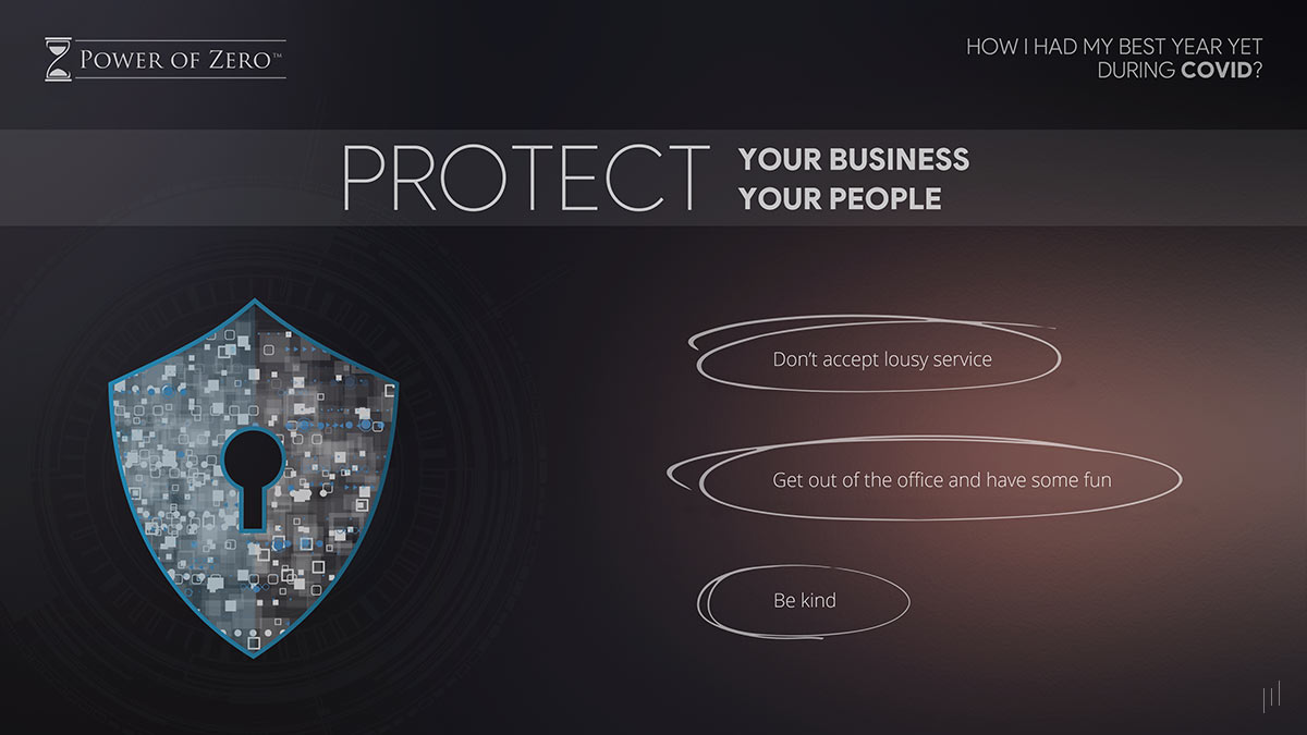 How I Had My Best Year Yet During COVID – Slide emphasizing business security and employee well-being.