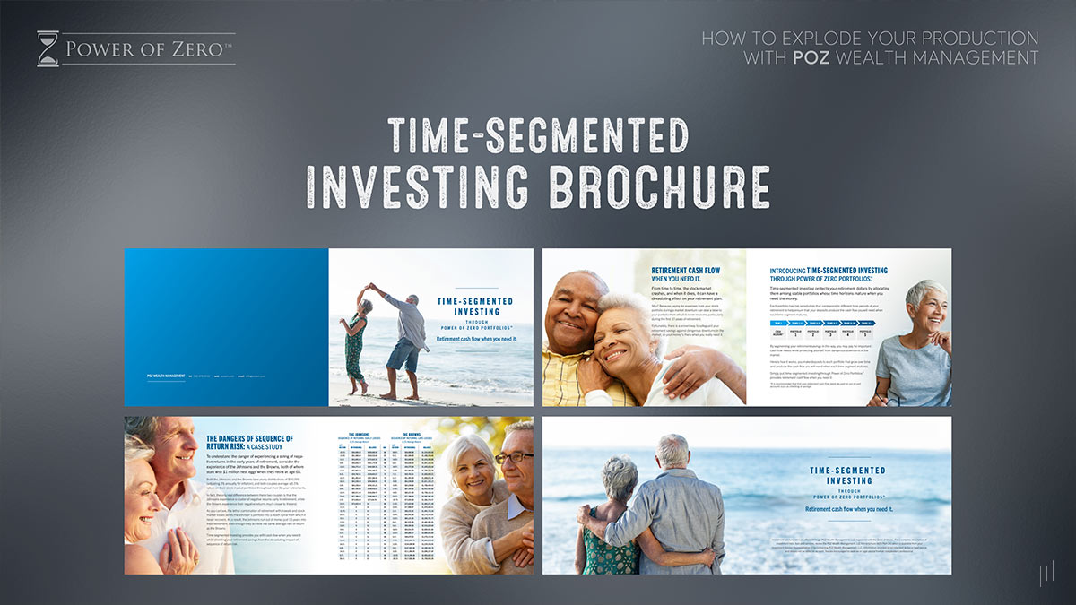 How to Explode Your Production With POZ Wealth Management – Slide introducing the Time-Segmented Investing Brochure, providing detailed insights into structured investment approaches.
