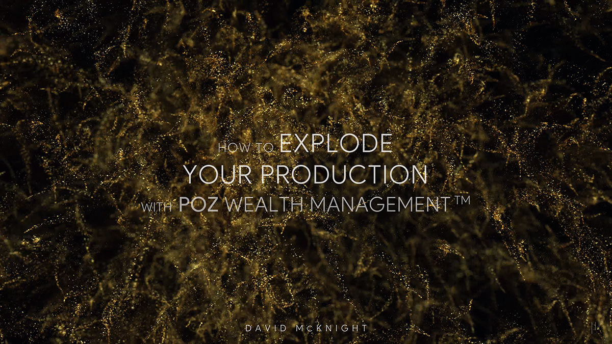 How to Explode Your Production With POZ Wealth Management – Title slide displaying the presentation name over a dark video background of golden particles, continuing the previous slide’s animation.
