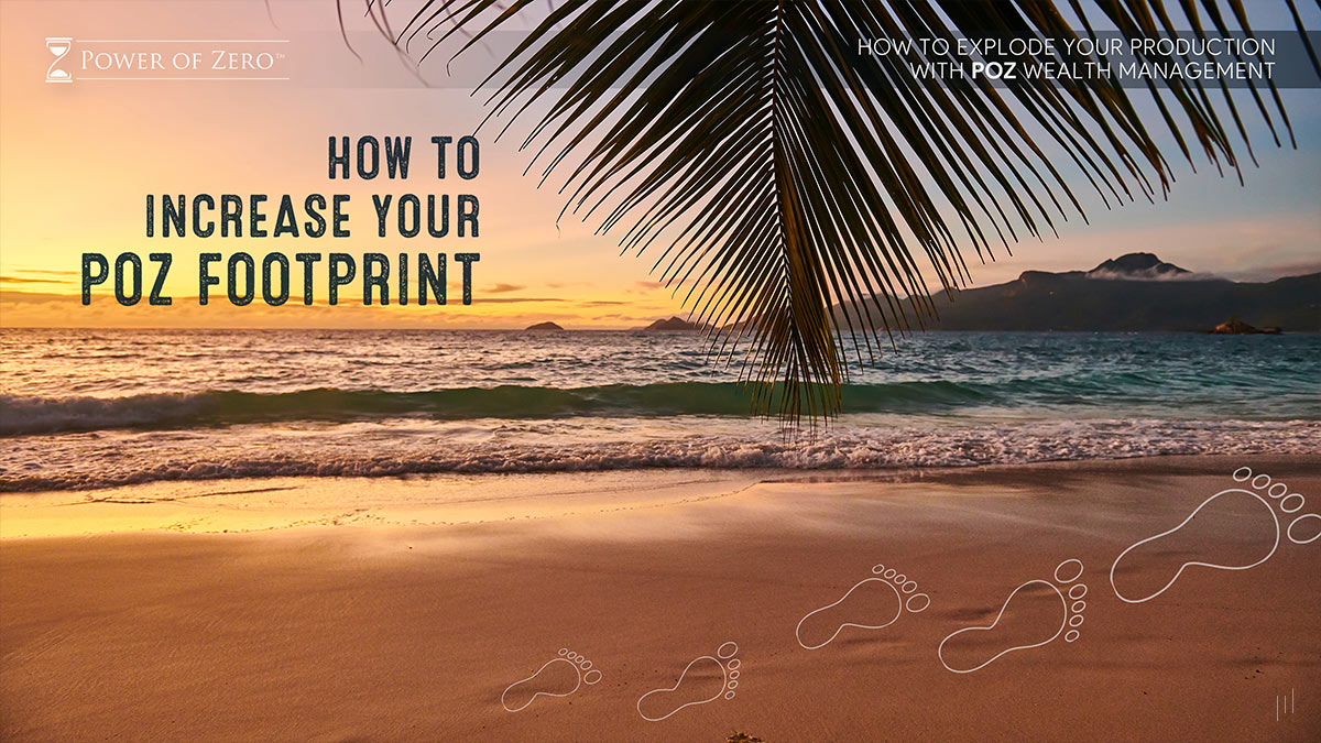 How to Explode Your Production With POZ Wealth Management – Slide featuring a scenic beach image with footprints in the sand, symbolizing the expansion of financial influence.