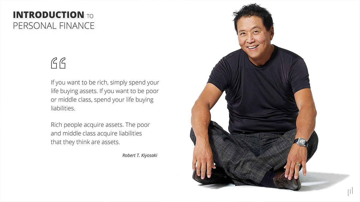 Introduction to Personal Finance – Slide featuring financial insights from Robert T. Kiyosaki on wealth-building strategies.