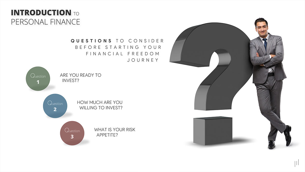 Introduction to Personal Finance – Slide presenting key questions to evaluate financial goals and planning strategies.