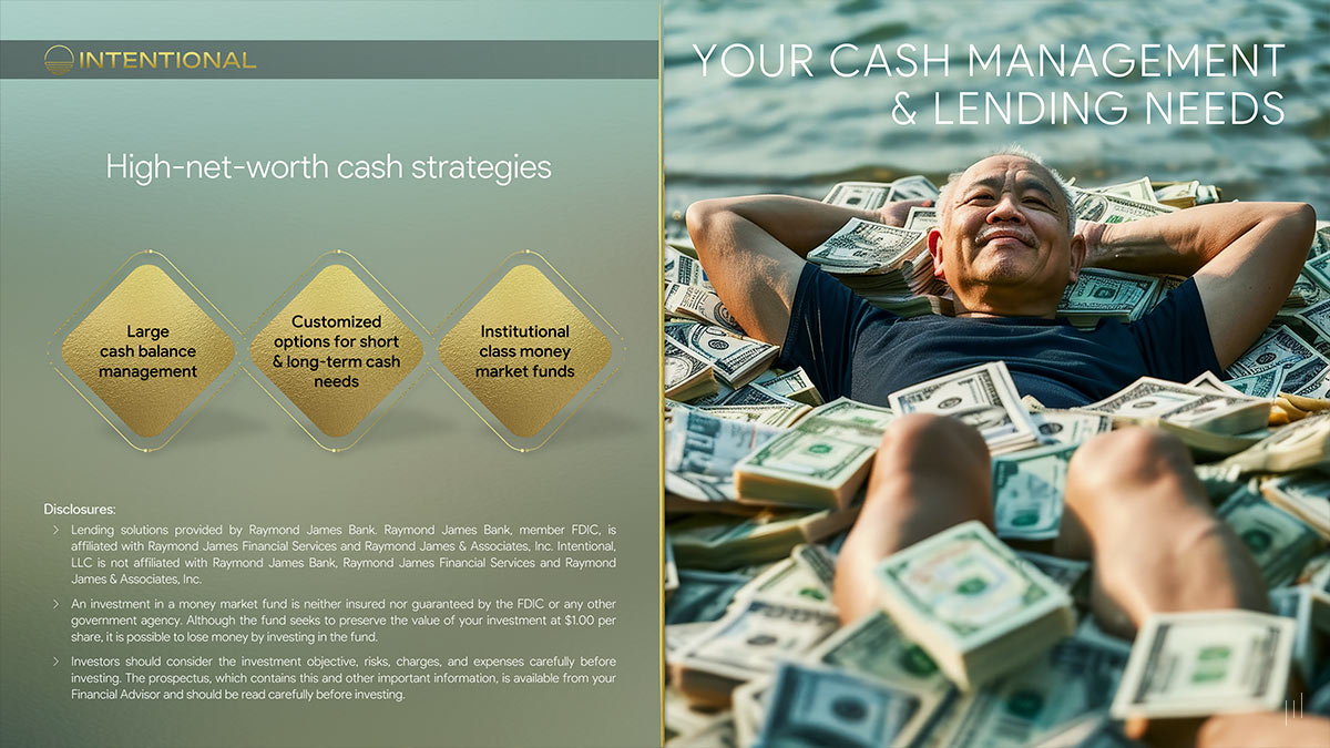 Private Wealth Services – Slide showcasing advanced cash management techniques for financial stability and growth.
