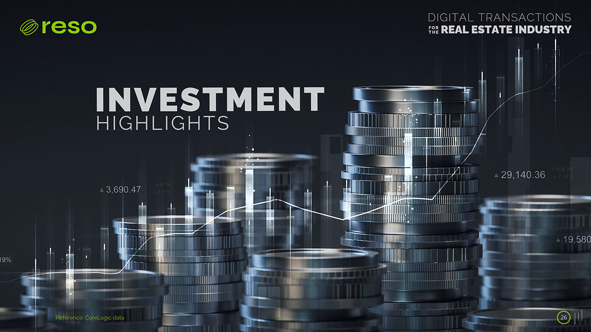 Digital Transactions for the Real Estate Industry – Section title slide introducing key investment highlights for potential investors.