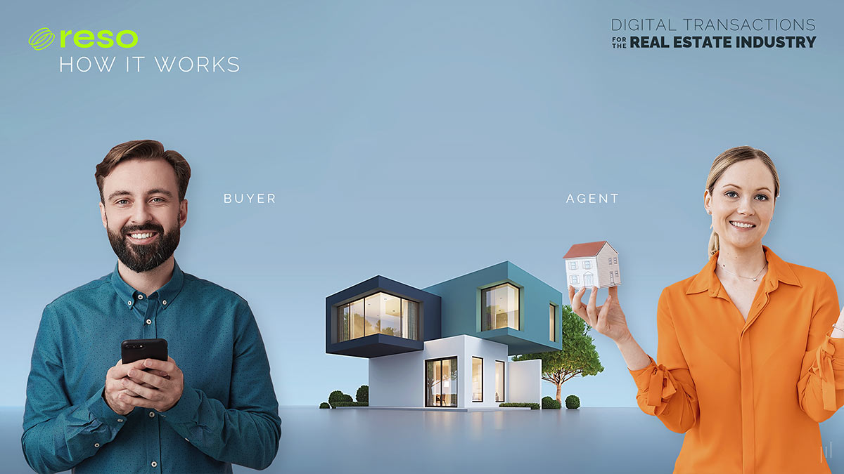 Digital Transactions for the Real Estate Industry – Slide illustrating the interaction between a buyer and an agent, demonstrating the platform’s role in facilitating transactions.