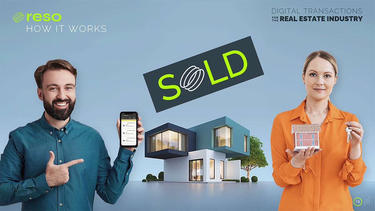 Digital Transactions for the Real Estate Industry – Slide illustrating the final transaction step, where the buyer confirms the purchase via the app and the agent hands over the keys, with a bold SOLD title.