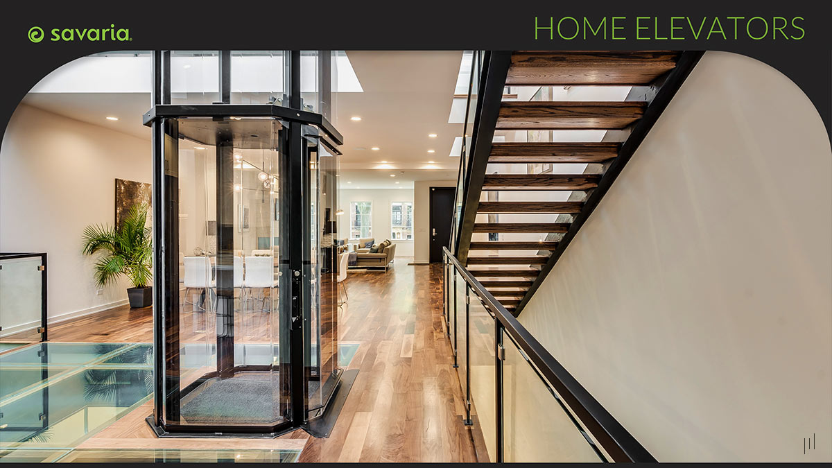 Savaria Company Profile – Slide presenting a detailed visual showcase of the Vuel Lift home elevator.