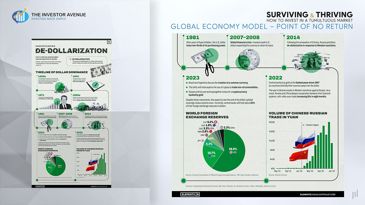 Surviving and Thriving – Slide showcasing global foreign exchange reserves and the shifting dynamics of currency reliance.