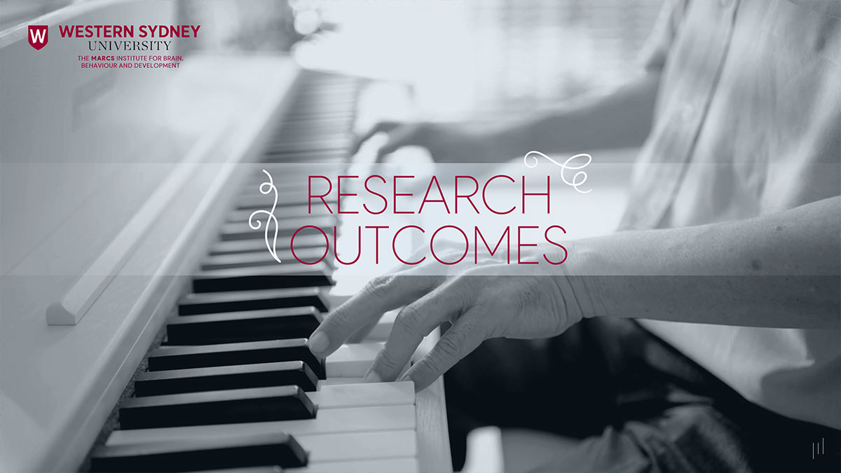 The Cognitive and Wellbeing Benefits Using Creative Improvisation – Section title slide introducing research outcomes, featuring a background video of an older man playing piano.