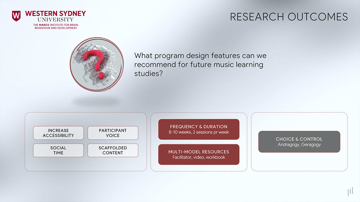 The Cognitive and Wellbeing Benefits Using Creative Improvisation – Slide outlining recommended program design features for future music learning studies based on research findings.